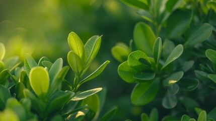 Obraz premium A tight shot of a bush with a green, leafy plant in sharp focus and a softly blurred background
