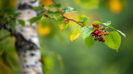  A tree branch bearing red fruits against a hazy backdrop of green and yellow foliage