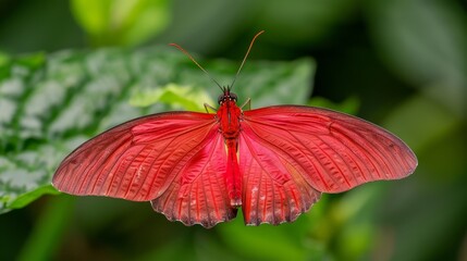  A close-up of a red butterfly on a green leaf, with water droplets on its wings