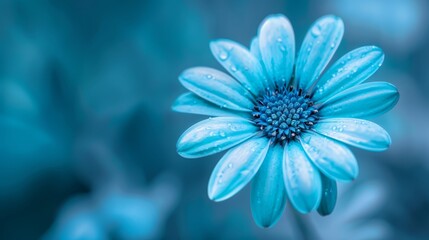  A tight shot of a blue bloom, adorned with water droplets on its petals, against a blurred backdrop