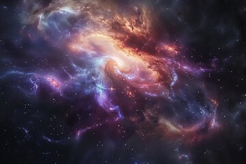 A swirling nebula of gas and dust in space with stars and galaxies in the background.