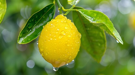  A tight shot of a lemon on a branch, adorned with water-speckled leaves Background softly blurred