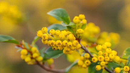  A tight shot of a small yellow bloom on a tree branch, surrounded by green foliage and additional yellow flowers in the backdrop
