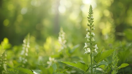 Obraz premium A tight shot of a green plant bearing white blooms in the near foreground, sun's rays filtering through the foliage of trees behind