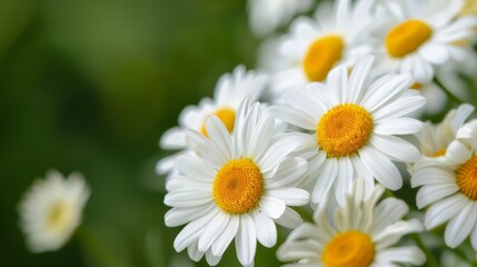 Fototapeta premium A tight shot of white and yellow daisies against a sunlit backdrop, softly blurred surroundings