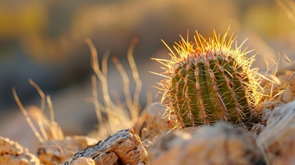Obraz premium A tight shot of a cactus in a rugged terrain, featuring grass and stones in the foreground, while the background softly blurs