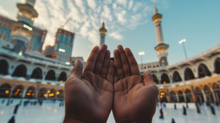 A Muslim individual engages in prayer with hands raised, seeking guidance from Allah at a holy mosque. The peaceful setting reflects devotion and unity among worshippers