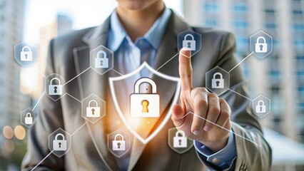 A backdrop combining business success graphs with security icons such as shields or locks.
