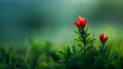 Obraz premium A small red bloom atop a verdant green field, surrounded by a softly blurred backdrop