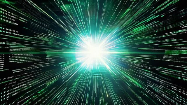 High-speed data streams converging toward a bright light source creating a dynamic digital matrix effect