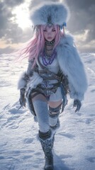 Female African warrior, pink hair, grey eyes, blue grey and violet tribal beads, wearing thick white fur hat and fur attire, walking across a frozen plain By Generated AI