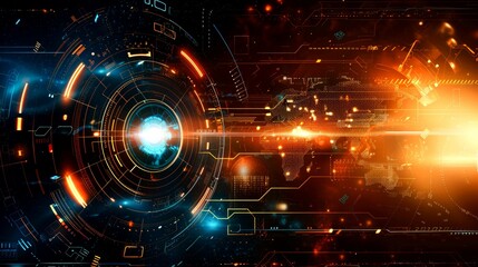 Fototapeta premium Futuristic Abstract Background with Orange and Blue Glowing Lines, Circles, and World Map