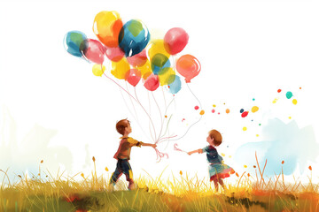 A boy gave some ballons to the small children, they were pleased to take her balloons, The balloons looked awesome with a white background