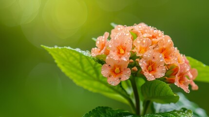  A tight shot of a tiny orange flower, adorned with water droplets on its petals, against a backdrop of lush, green foliage - Powered by Adobe