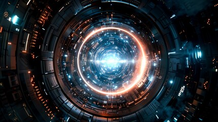 Obraz premium Futuristic Sci-Fi Spaceship Interior with Glowing Lights and Circular Portal