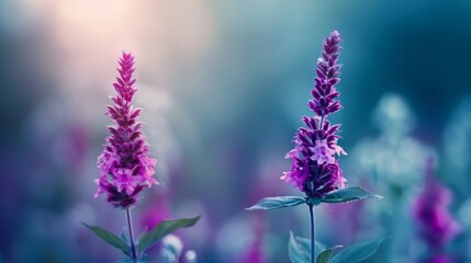  A tight shot of a single purple flower amidst a sea of similar blooms, with a green, leafy plant bringing texture and depth in the foreground