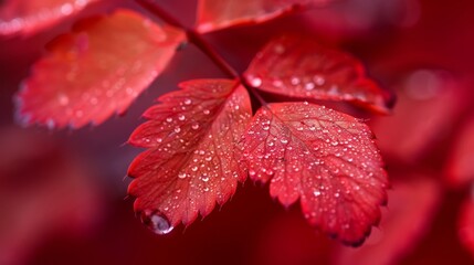  Close-up of two red leaves, each with water droplets