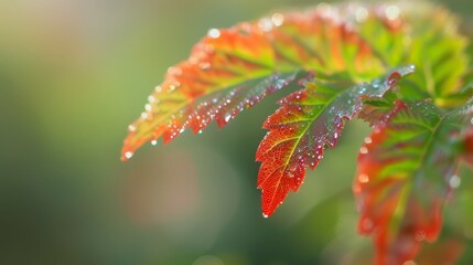  A red and green leaf with water droplets, focus on textured leaves, blurred green background..Or, if you prefer to keep the original order of elements:.