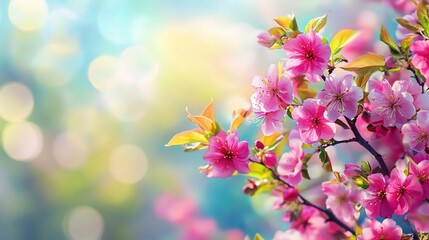 Spring Blossom Burst: A vibrant close-up of delicate pink cherry blossoms bursting forth in a symphony of color, bathed in the warm glow of the spring sun. 