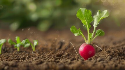  A tight shot of a radish plant emerging from the earth, surrounded by other radishes in the background