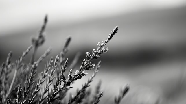  A crisp black-and-white image of a plant features a dense cluster of tiny flowers at its core Background blur ensures an undistracted focus on the blooms