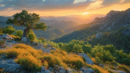 Majestic Sunset Over Rolling Mountains With Lush Greenery and a Sturdy Tree