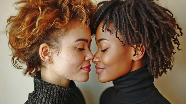 Side view of a head-to-head, infatuated, multiracial lesbian pair standing over a white wall in their home