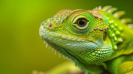 Obraz premium close-up of a green lizard's head against a blurred, green background