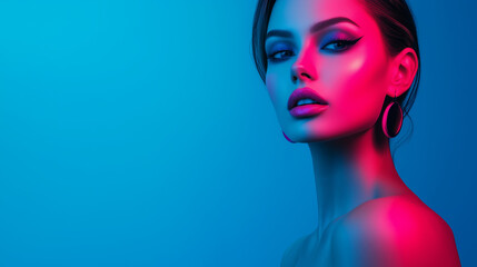 A stylish woman with striking makeup poses elegantly in bright blue and pink lighting. The left side of the frame offers ample copy space for design elements, copy space