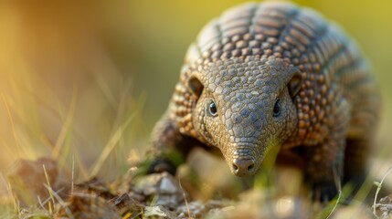 Obraz premium A tight shot of a small armadillo on the ground, surrounded by grass in the foreground, and a indistinct background