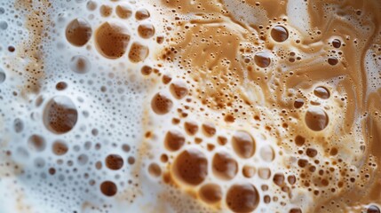  A tight shot of a brown liquid teeming with white bubbles