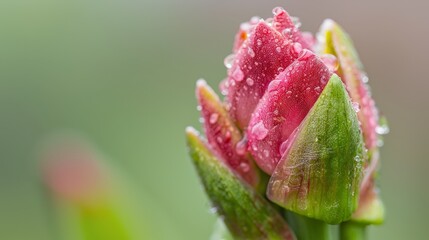  A tight shot of a pink bloom, adorned with pearls of water on its petals, against a softly blurred backdrop