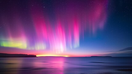  Aviewofauroraoverabodyofwaterwithapinkandsgreen-litskyinthebackground