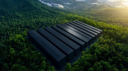 Fototapeta premium Aerial view of modern storage facility amidst lush green forest, highlighting eco-friendly architecture and nature's beauty.