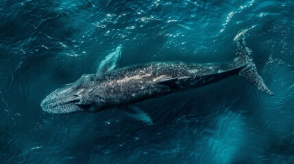 Fototapeta premium A large gray whale swims in a body of water, its mouth agape, head above the water's surface