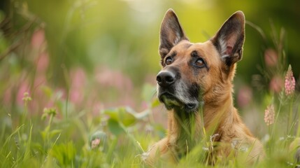 Fototapeta premium A tight shot of a dog reclining in a lush grass field, surrounded by a vaguely defined backdrop of pink and green blooms