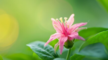  A tight shot of a pink bloom on a verdant branch, surrounded by a vibrant blur of yellow and green