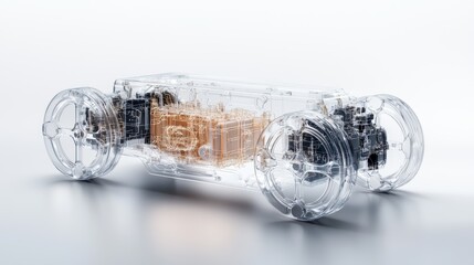 Transparent model of a car showcasing its internal mechanics and design, perfect for educational and engineering purposes.