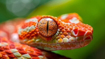 Fototapeta premium A tight shot of a snake's head featuring an intricate orange and yellow patterned body