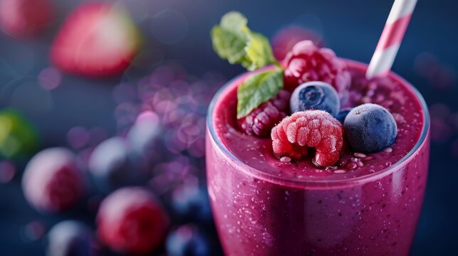 A blueback ground features a blueberry-raspberry smoothie topped with mint leaves and floating blueberries