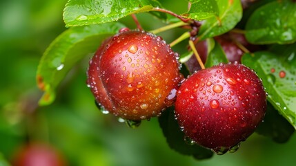  Two apples on a tree branch with water droplets on leaves against a green backdrop