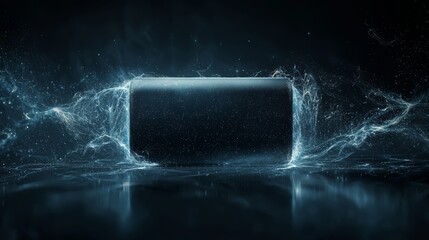 A sleek, futuristic object surrounded by vibrant splashes of water, creating a dynamic and visually striking atmosphere.