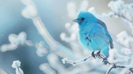 Fototapeta premium A small blue bird sits on a snow-covered branch amidst tree branches and falling snowflakes