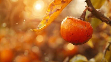  A tight shot of a ripe fruit on a leafy tree, adorned with water- speckled leaves, under the radiant sun