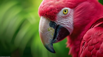 Fototapeta premium A red parrot's face, in sharp focus, surrounded by a softly blurred backdrop of green leaves and foliage