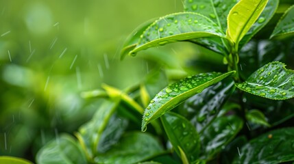 Obraz premium A tight shot of a verdant plant with wet leaves and a softly blurred backdrop