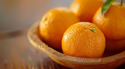  A wooden table holds a bowl filled with oranges One orange is crowned by a green leaf