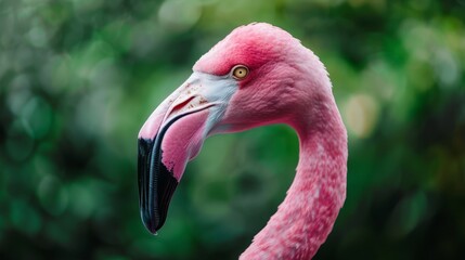  A pink flamingo's head, in focus, against a blurred backdrop of trees