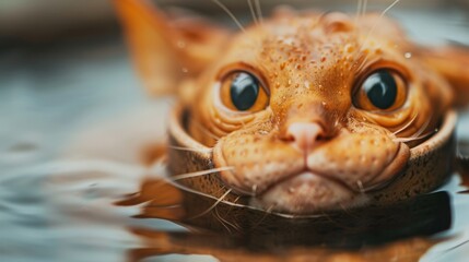 Fototapeta premium A tight shot of a cat's expressive face peering from a water basin, eyes gleaming wide open