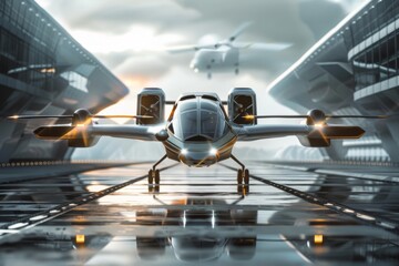 Fototapeta premium A cutting-edge flying car soars above a rain-drenched street, representing the future of transportation in a dynamic city environment. AI generated